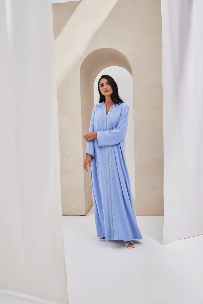 Powder Blue Moroccan Style with Hoodie – caftansofficial