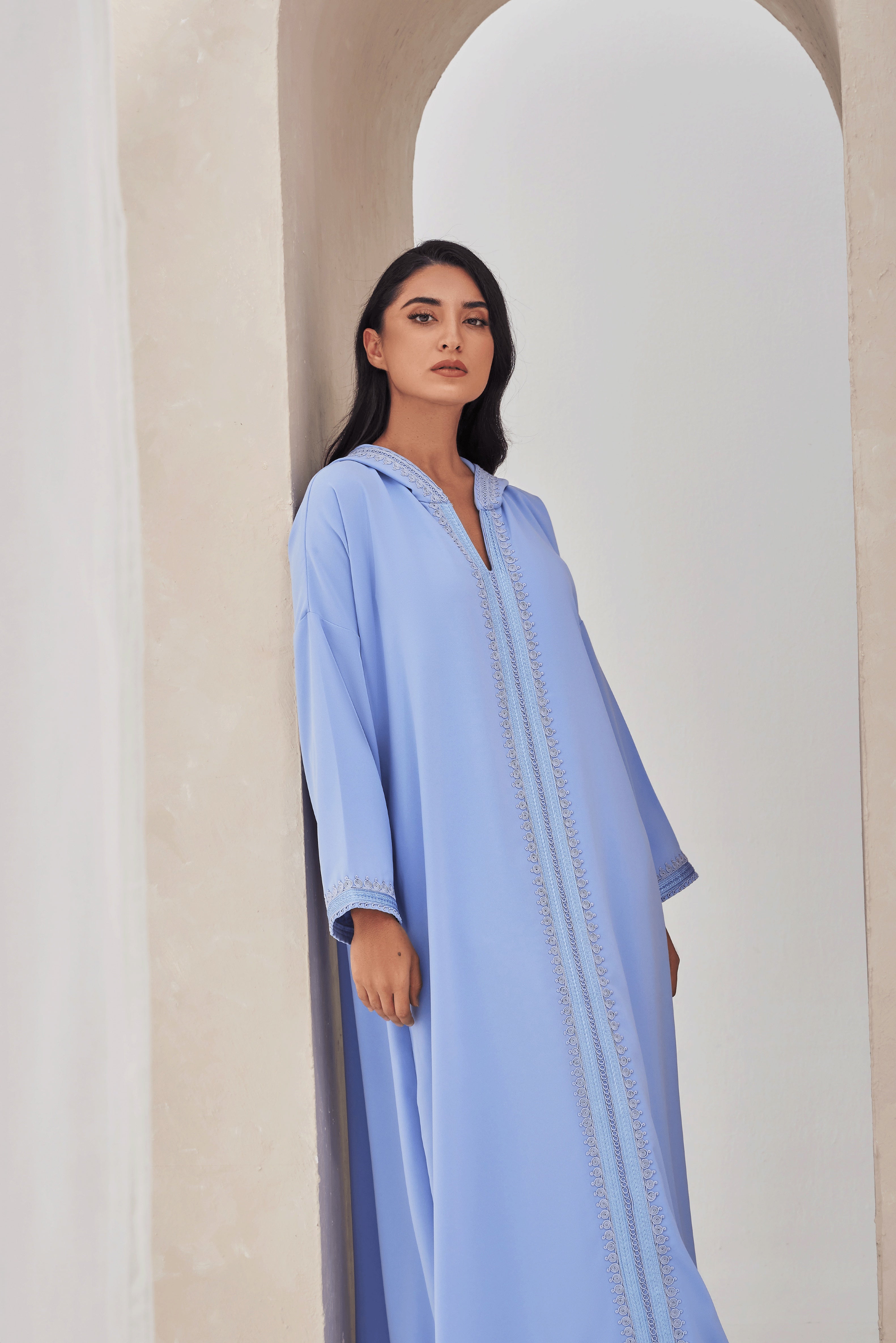 Powder Blue Moroccan Style with Hoodie  caftansofficial