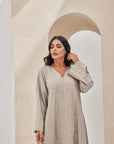 Beige Linen Embroidered Caftan