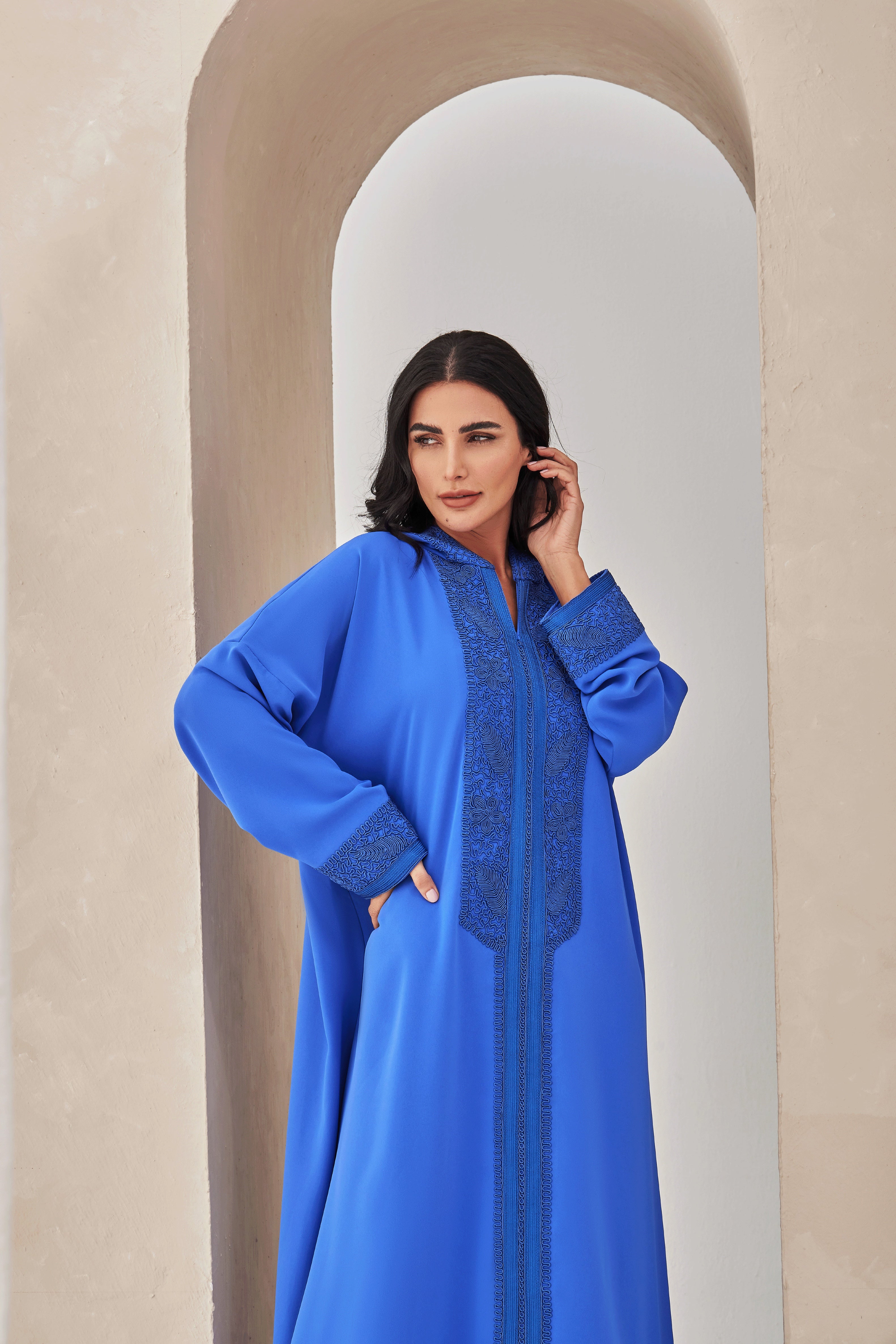 Bright Blue Moroccan Style caftan with Hoodie caftansofficial Bright Blue Moroccan Style caftan with Hoodie caftansofficial